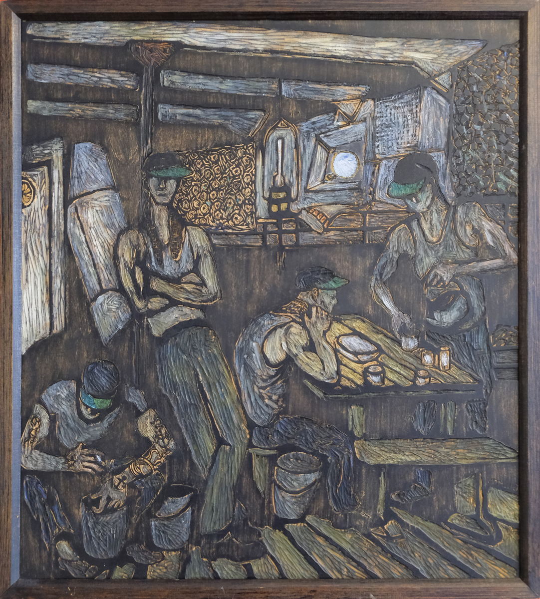 Torsten Billman, sjöfolkets store konstnär och skildrare. Konstverk, grafik, träsnitt. Sjömän ombord i mässen.