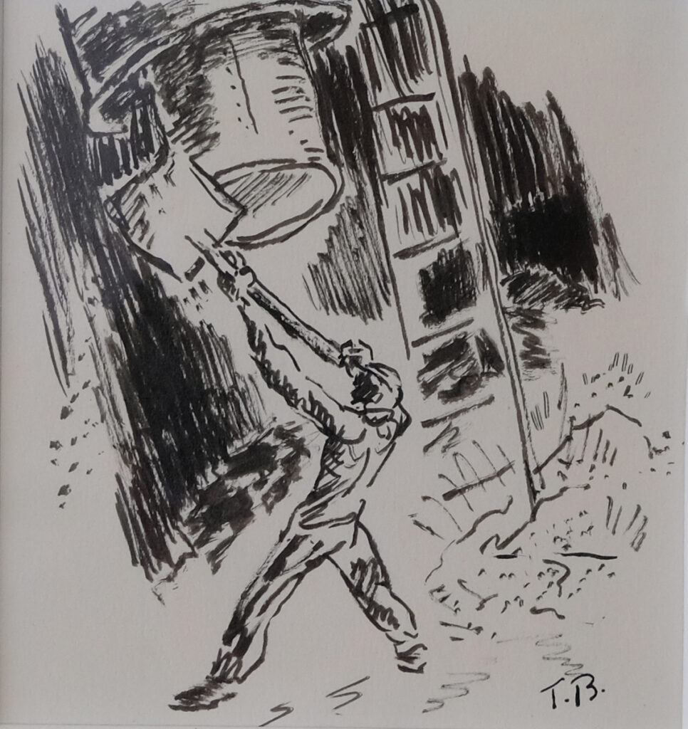 Grafik av Torsten Billman, eldare som arbetar under däck. Konst, konstverk.