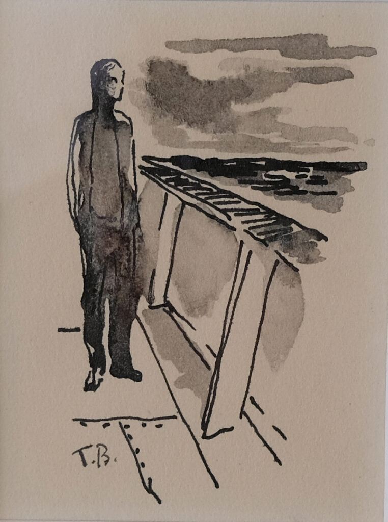 Grafik av Torsten Billman, sjöman ombord, spanar ut över relingen, lugnt hav, horisonten.